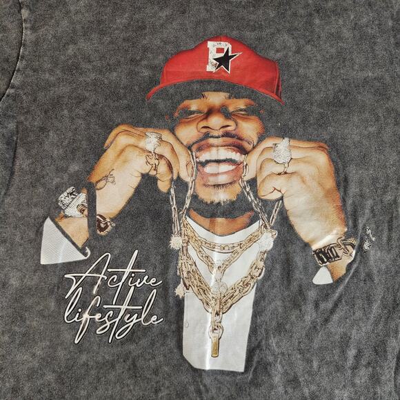 ROMWE Shirt Mens Medium Black Gray Acid Wash Active Lifestyle Graphic Tee Fade - Picture 2 of 12